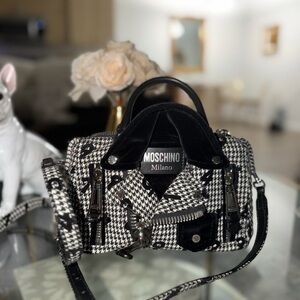 Moschino Black & White Houndstooth Moto Top-Handle Crossbody